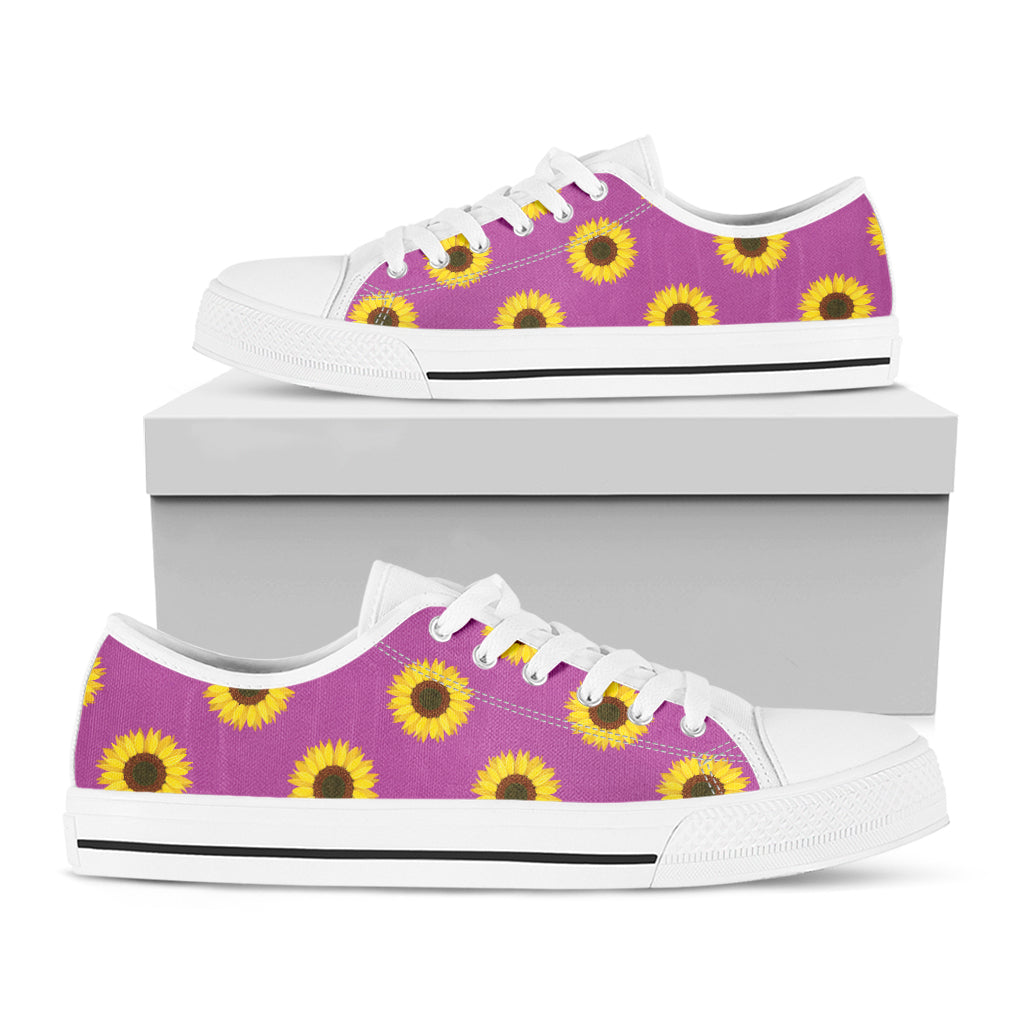 Magenta Pink Sunflower Pattern Print White Low Top Shoes