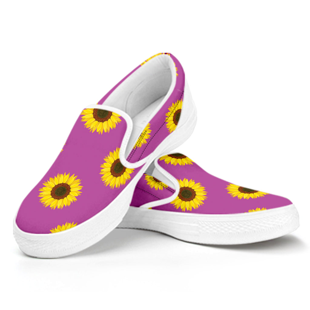 Magenta Pink Sunflower Pattern Print White Slip On Shoes