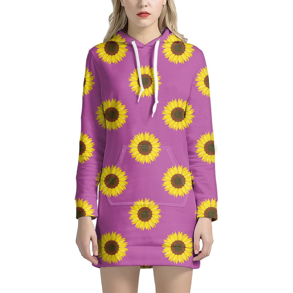 Magenta Pink Sunflower Pattern Print Women's Pullover Hoodie Dress