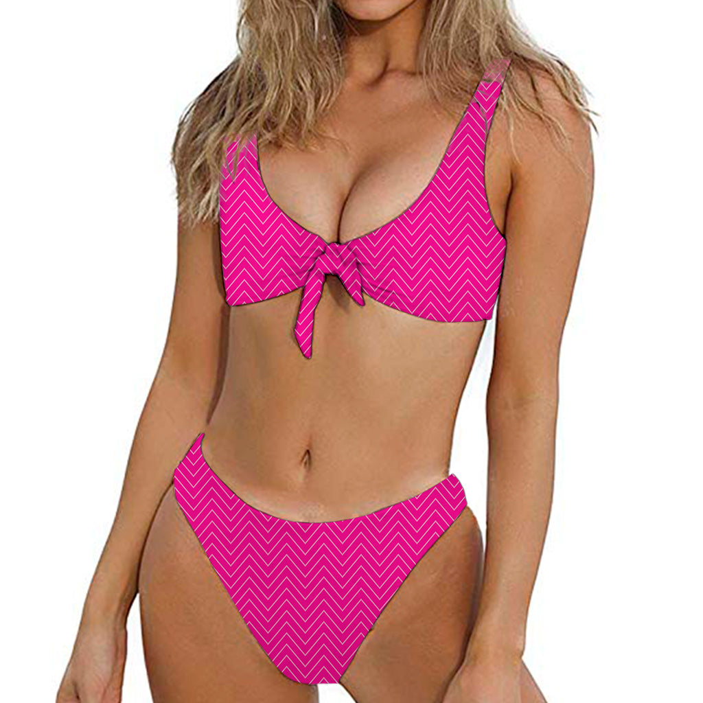 Magenta Pink Zigzag Pattern Print Front Bow Tie Bikini