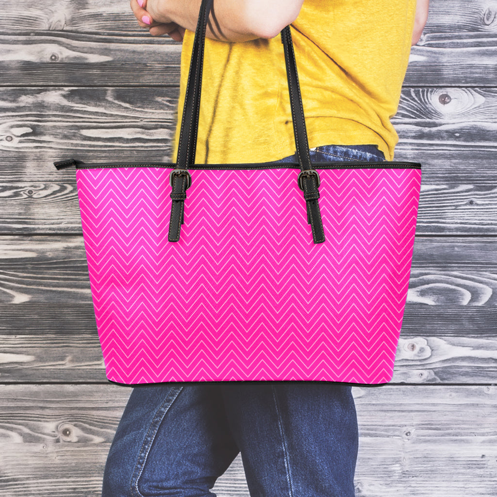 Magenta Pink Zigzag Pattern Print Leather Tote Bag