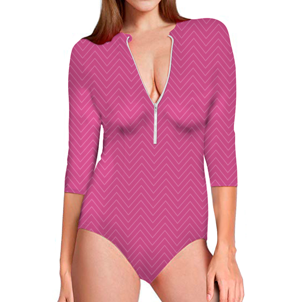 Magenta Pink Zigzag Pattern Print Long Sleeve One Piece Swimsuit