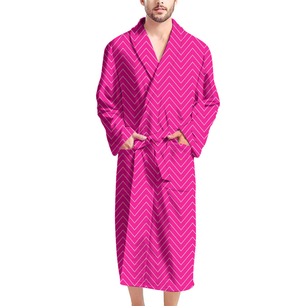 Magenta Pink Zigzag Pattern Print Men's Bathrobe