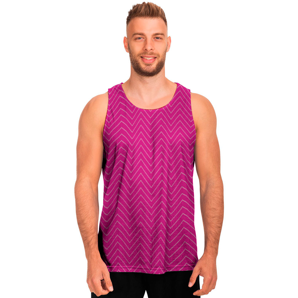 Magenta Pink Zigzag Pattern Print Men's Tank Top