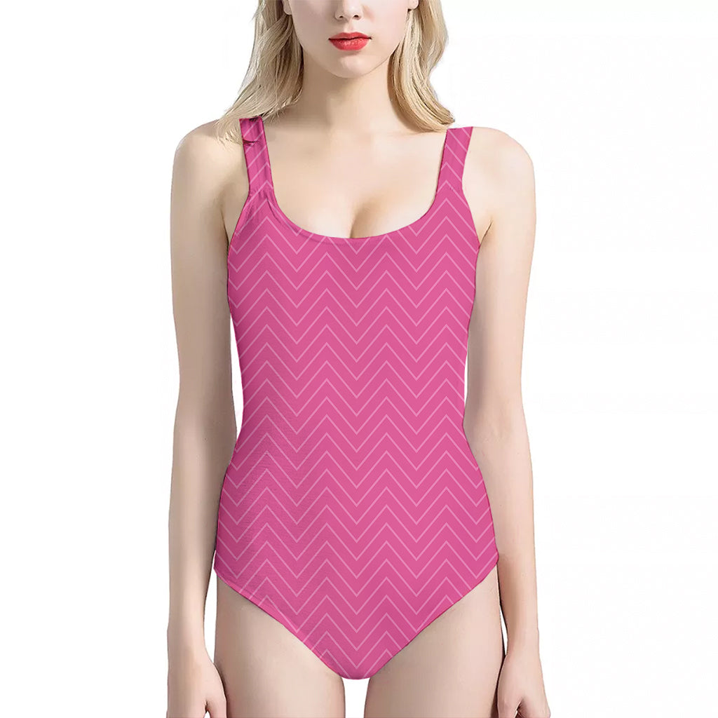 Magenta Pink Zigzag Pattern Print One Piece Halter Neck Swimsuit