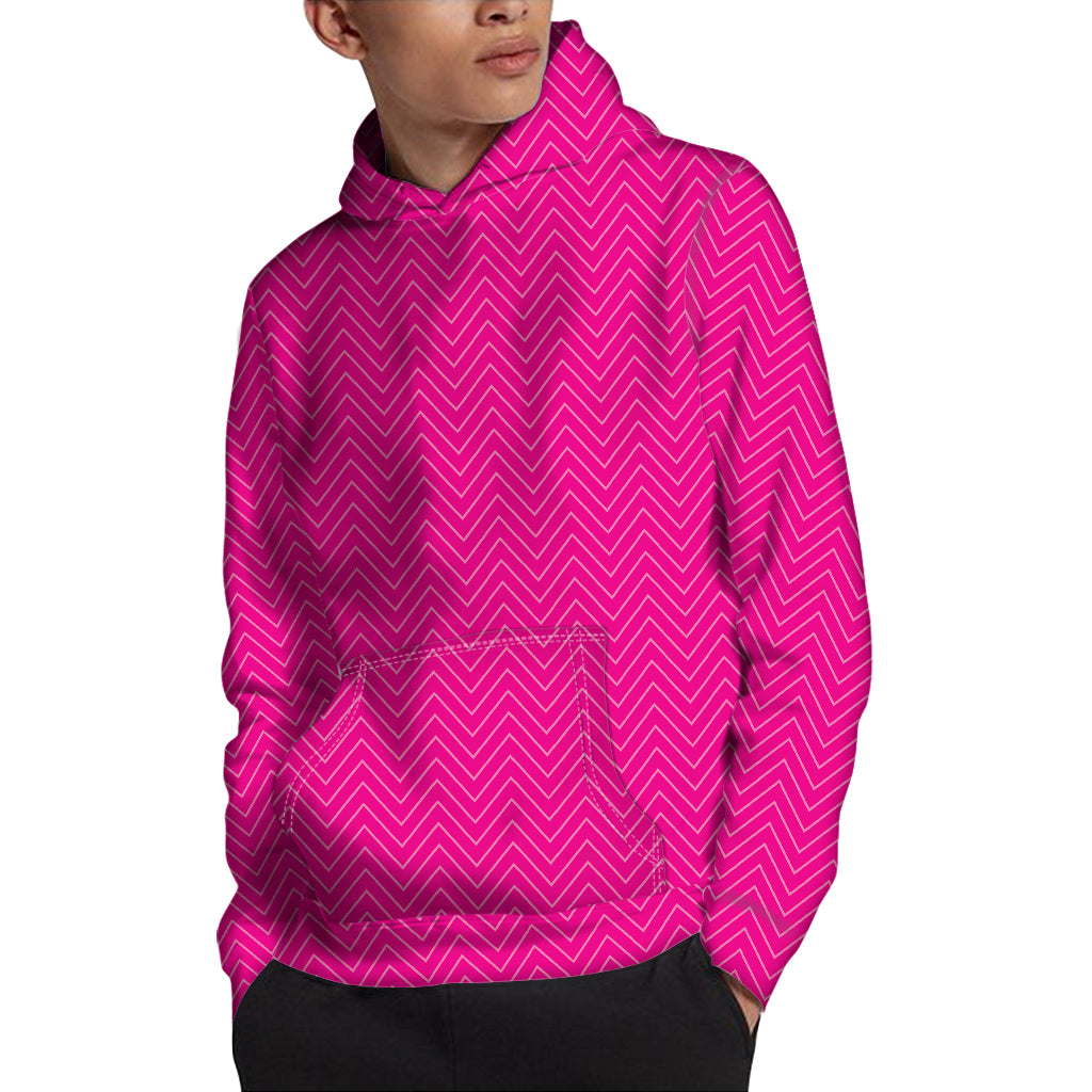 Magenta Pink Zigzag Pattern Print Pullover Hoodie