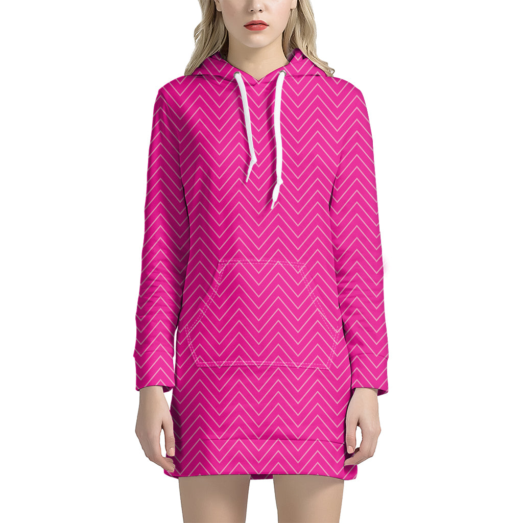 Magenta Pink Zigzag Pattern Print Women's Pullover Hoodie Dress