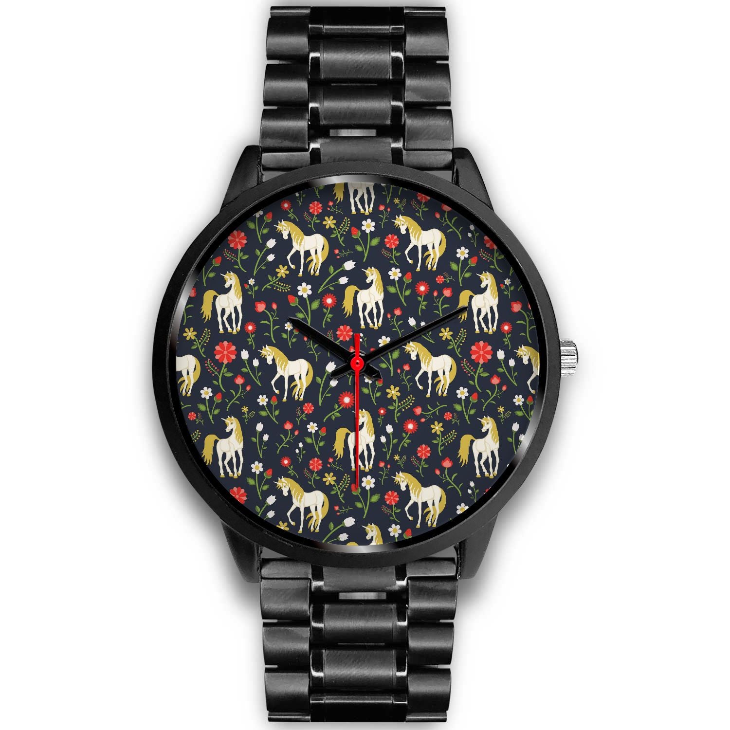 Magic Floral Unicorn Pattern Print Black Watch