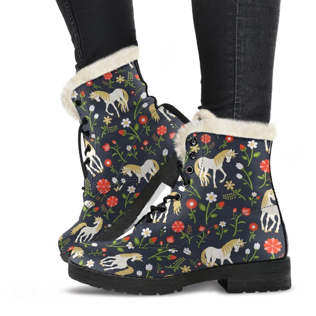 Magic Floral Unicorn Pattern Print Faux Fur Leather Boots