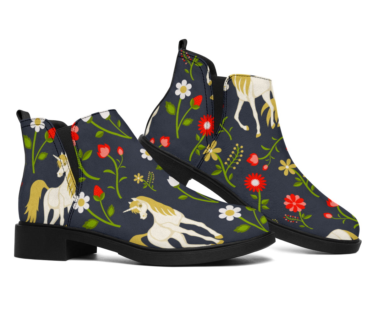 Magic Floral Unicorn Pattern Print Flat Ankle Boots