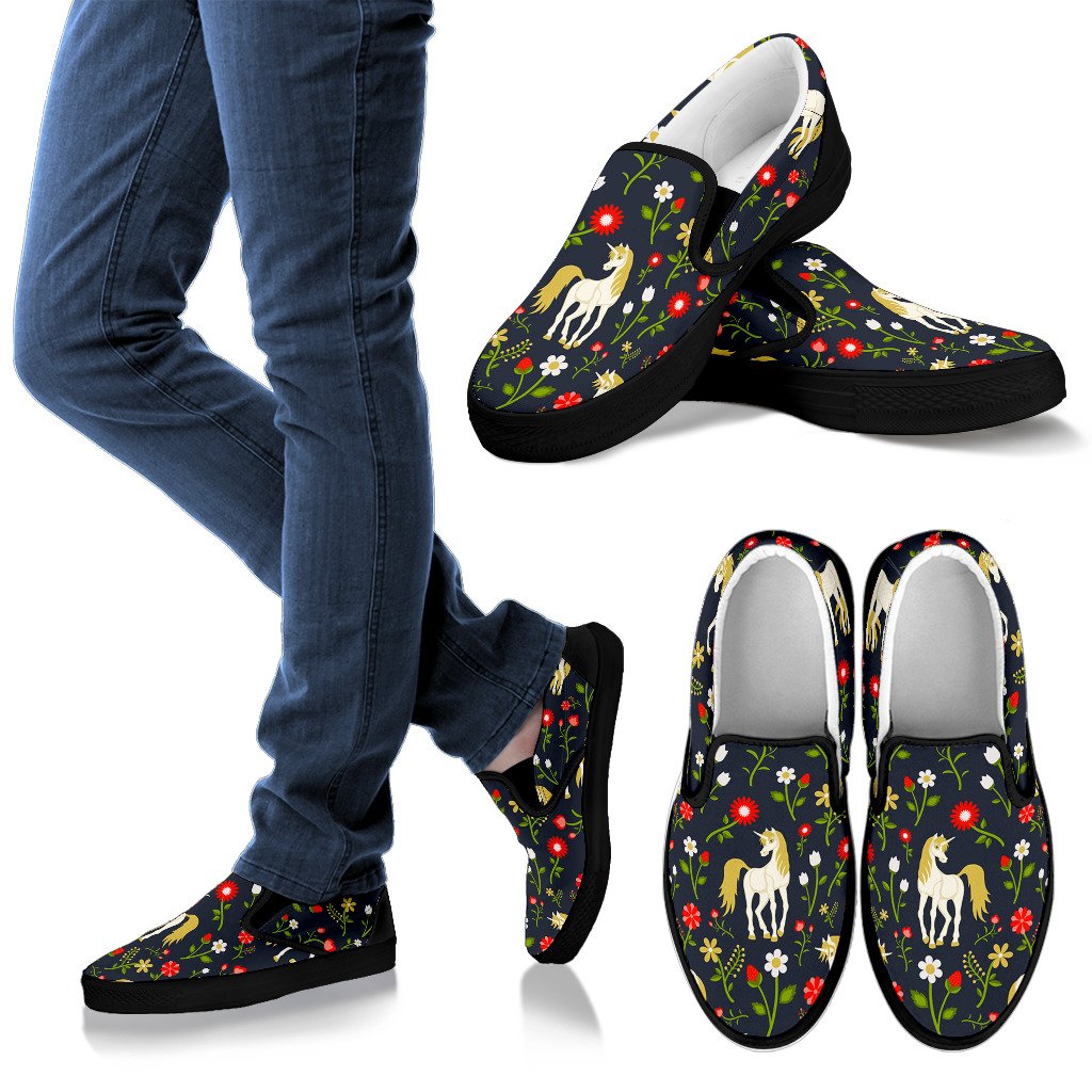 Magic Floral Unicorn Pattern Print Men's Slip On Shoes