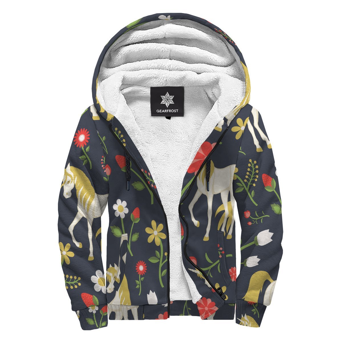 Magic Floral Unicorn Pattern Print Sherpa Lined Fleece Hoodie