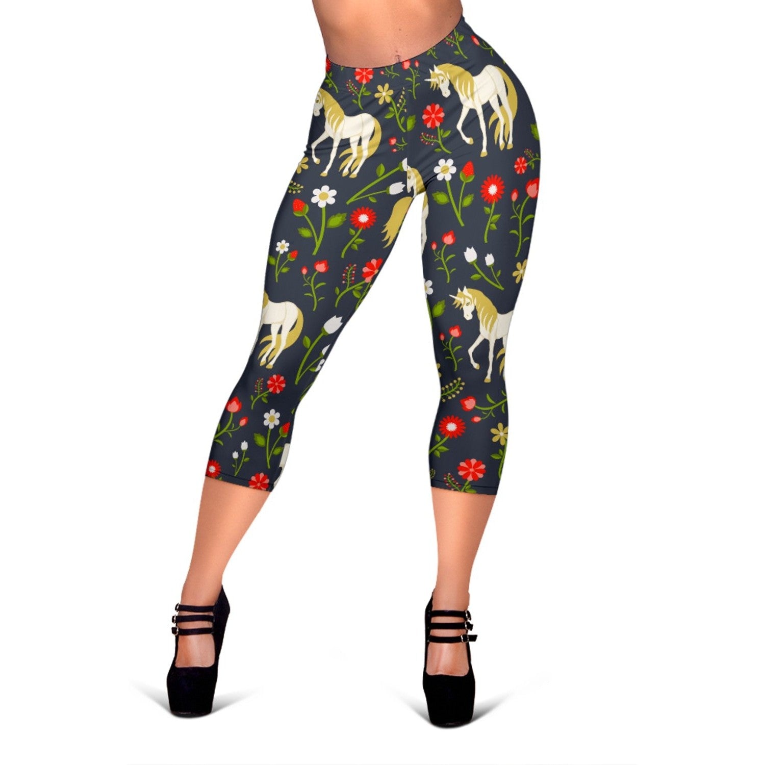 Magic Floral Unicorn Pattern Print Women's Capri Leggings