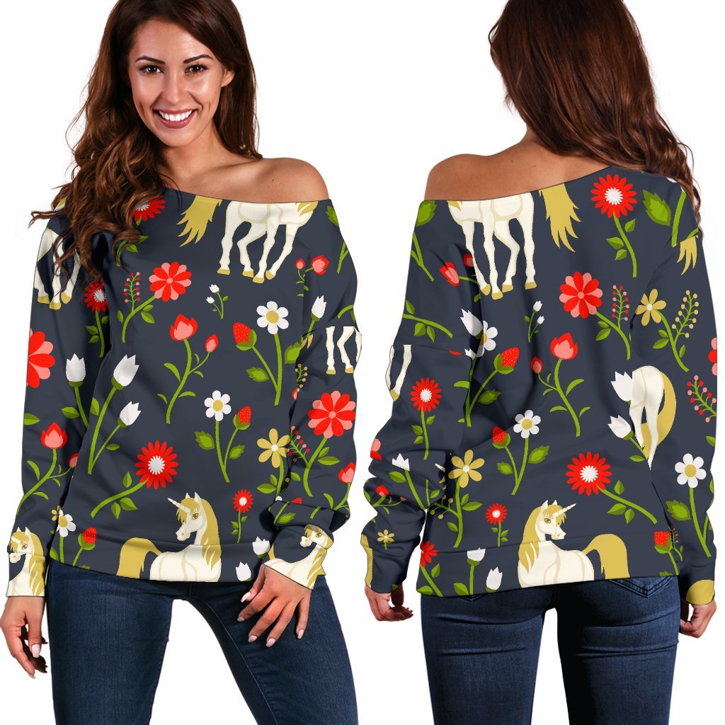 Magic Floral Unicorn Pattern Print Women's Off-Shoulder Sweatshirt