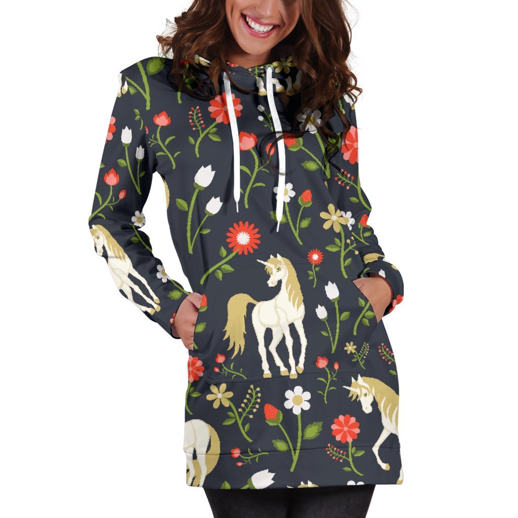 Magic Floral Unicorn Pattern Print Women's Pullover Hoodie Dress