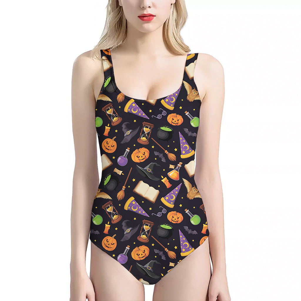 Magic Wizard Pattern Print One Piece Halter Neck Swimsuit