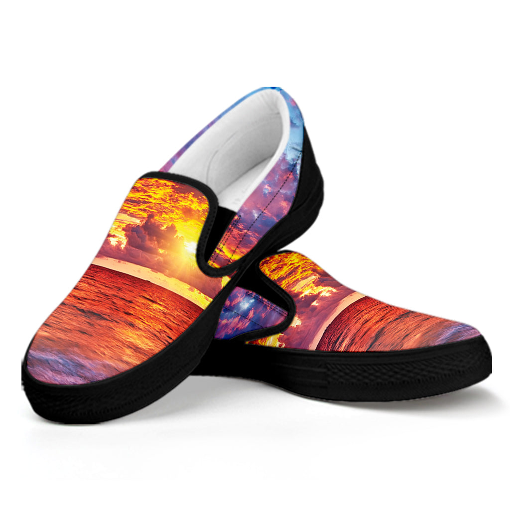 Maldives Sunset Print Black Slip On Shoes