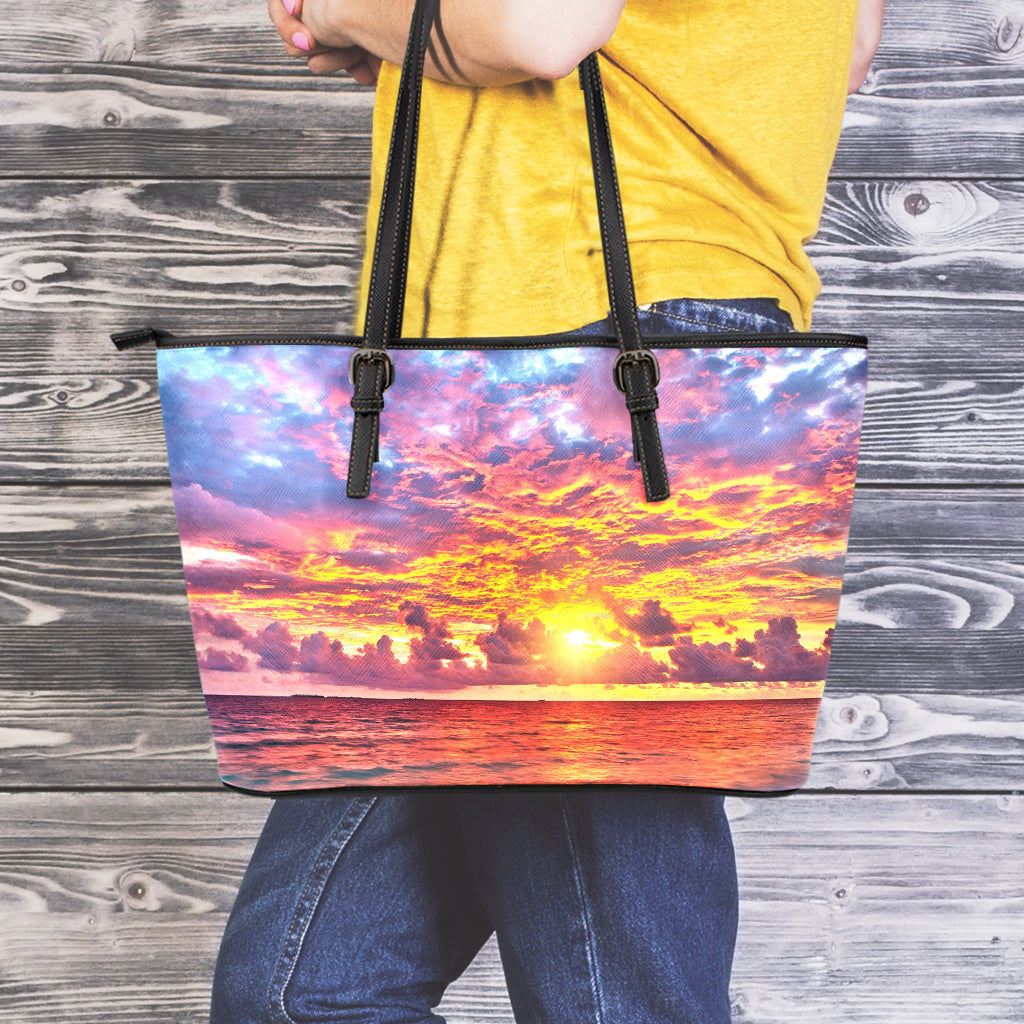 Maldives Sunset Print Leather Tote Bag