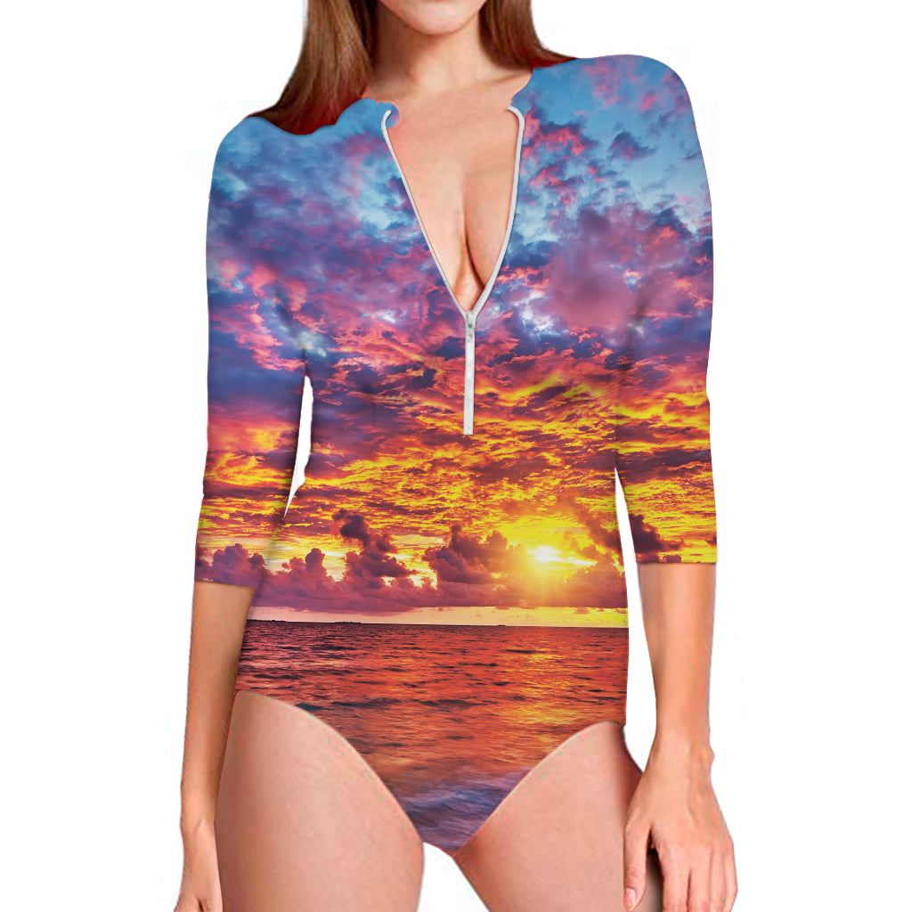 Maldives Sunset Print Long Sleeve One Piece Swimsuit