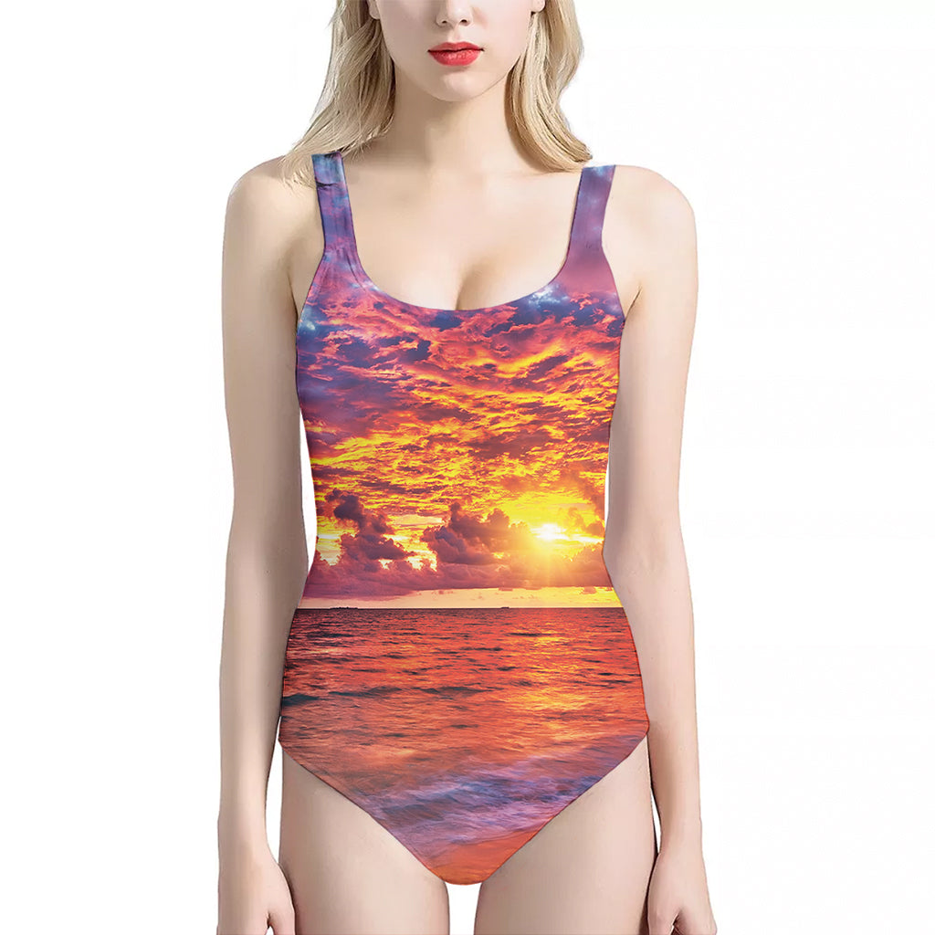 Maldives Sunset Print One Piece Halter Neck Swimsuit