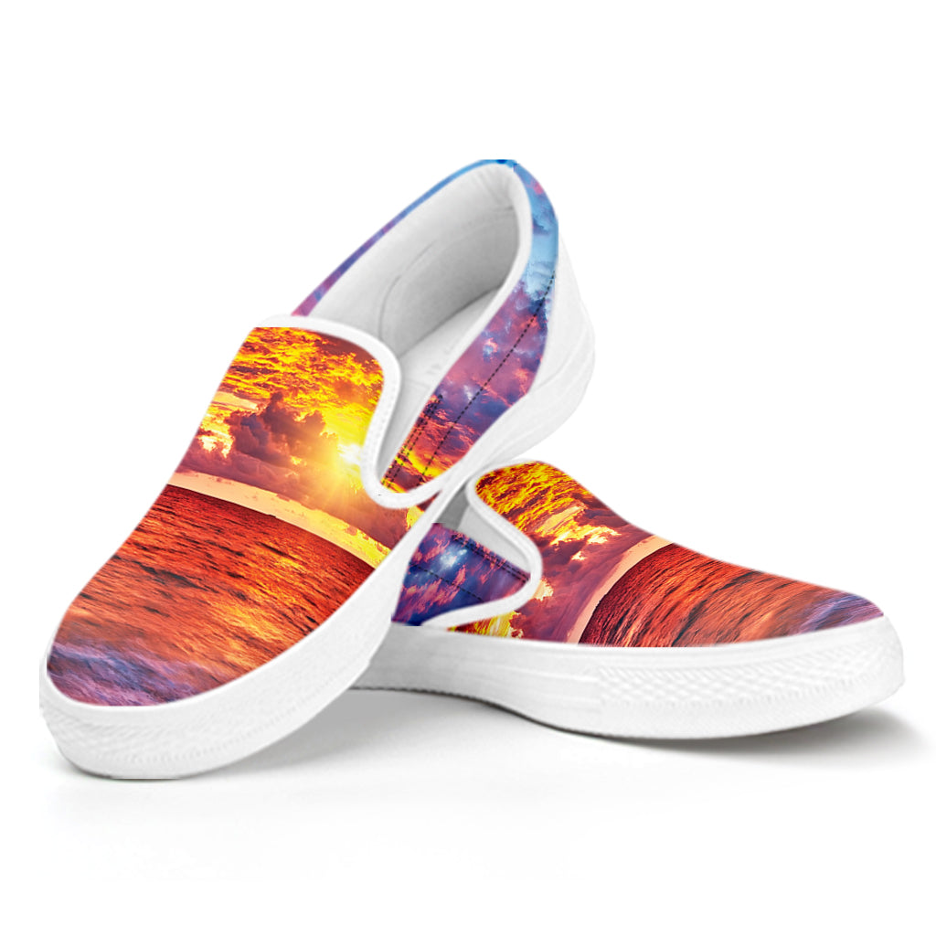 Maldives Sunset Print White Slip On Shoes