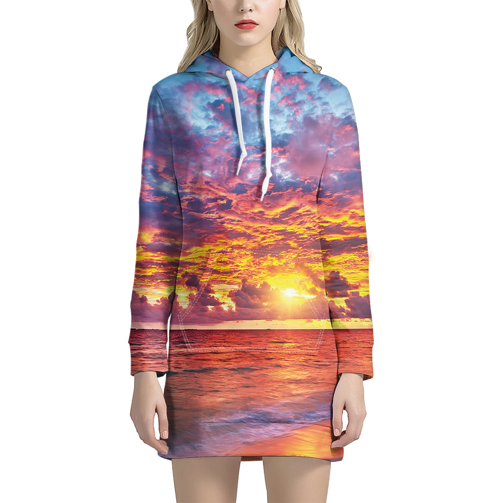 Maldives Sunset Print Women's Pullover Hoodie Dress