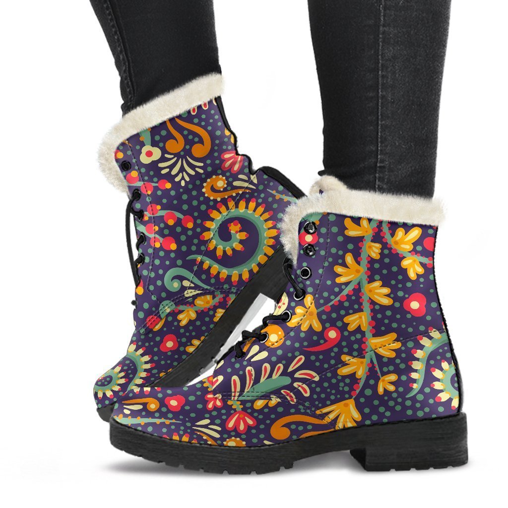 Mandala Floral Bohemian Pattern Print Faux Fur Leather Boots