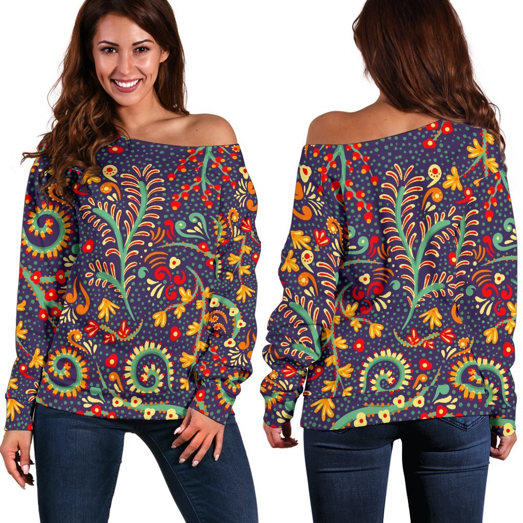 Mandala Floral Bohemian Pattern Print Women's Off-Shoulder Sweatshirt