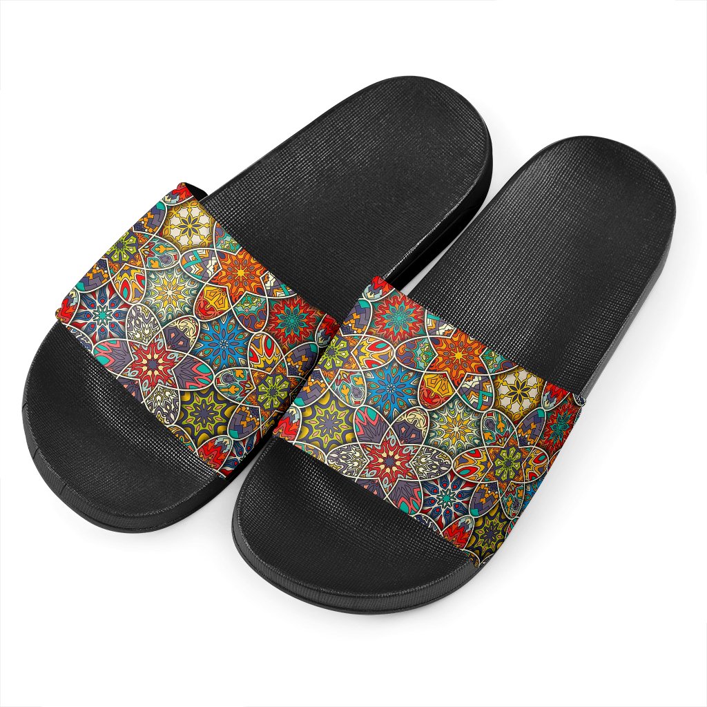 Mandala Star Bohemian Pattern Print Black Slide Sandals