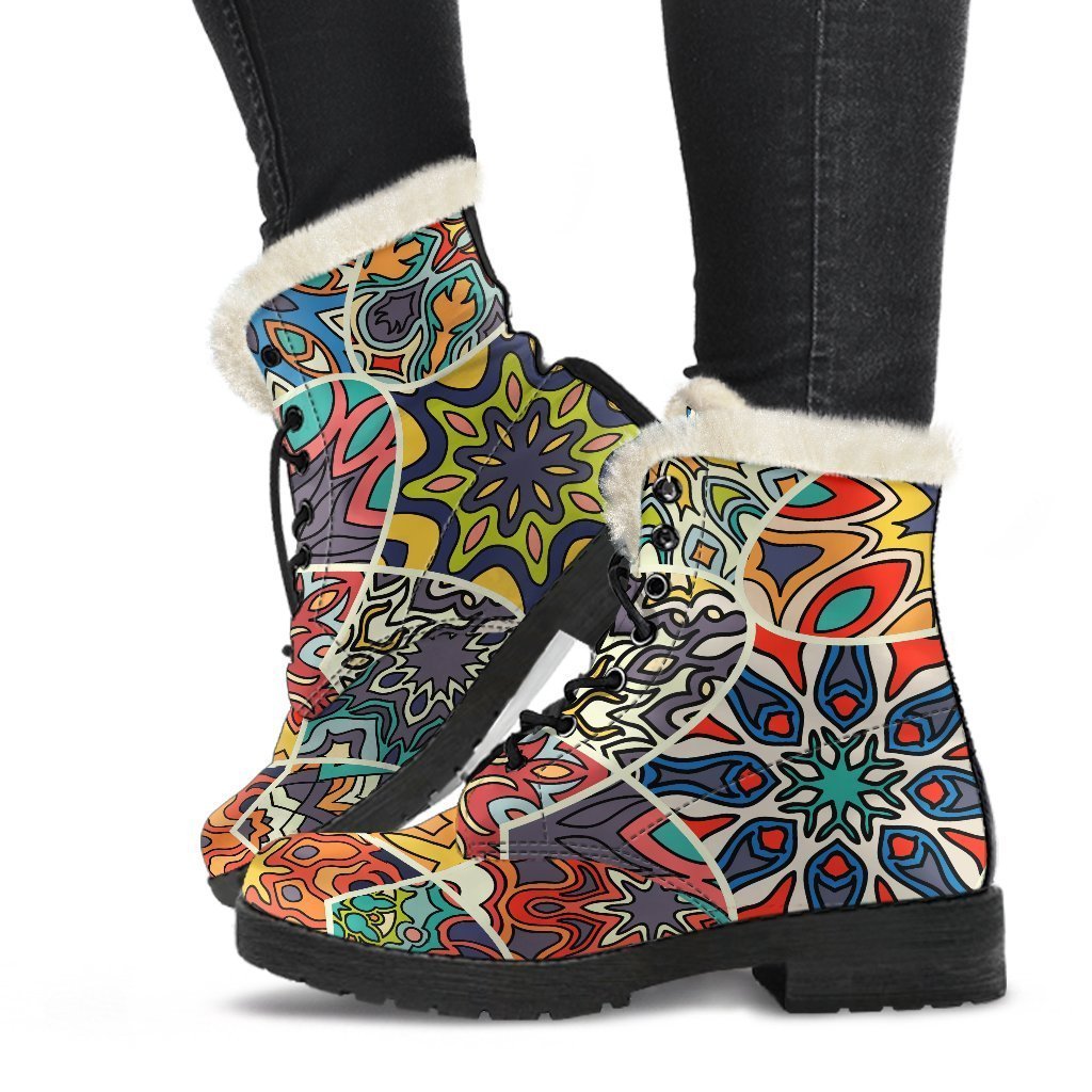 Mandala Star Bohemian Pattern Print Faux Fur Leather Boots