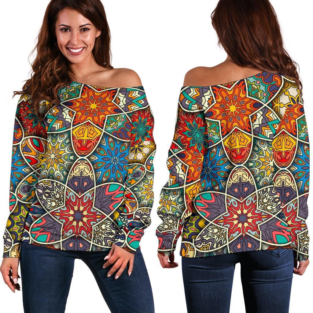 Mandala Star Bohemian Pattern Print Women's Off-Shoulder Sweatshirt