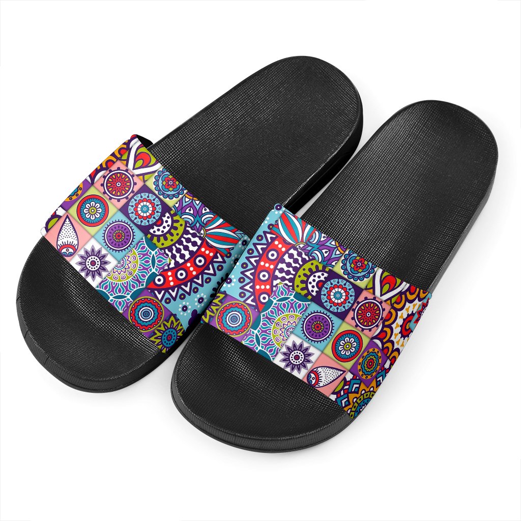 Mandala Tile Bohemian Pattern Print Black Slide Sandals