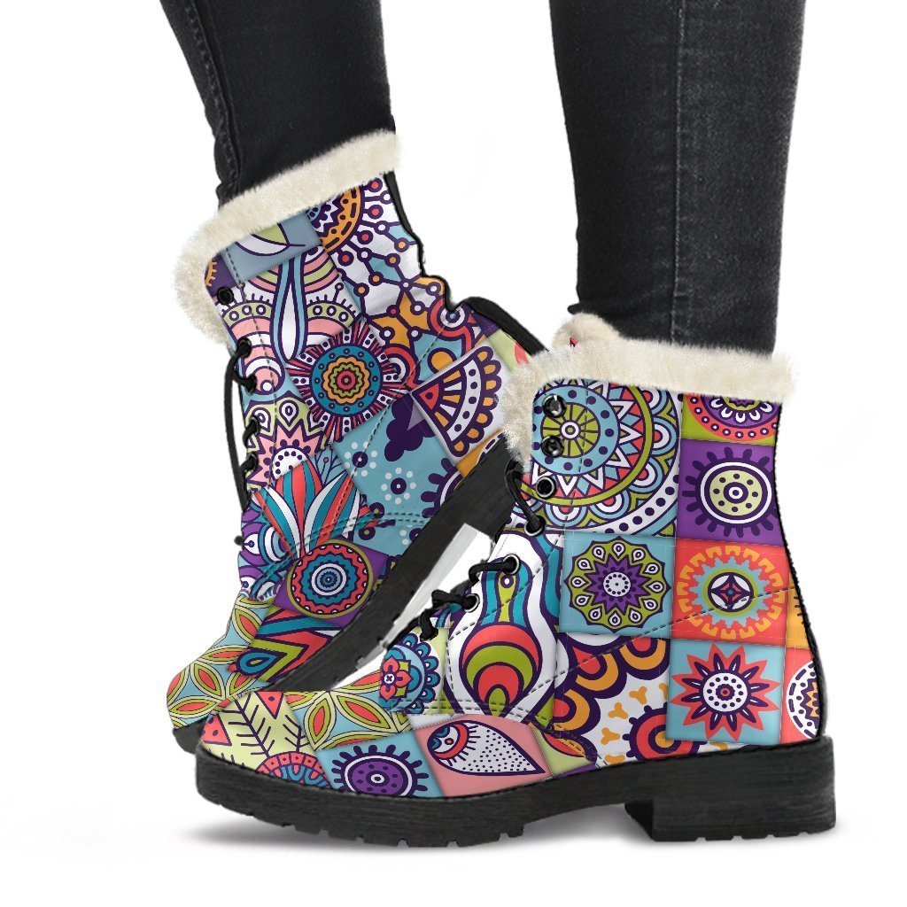 Mandala Tile Bohemian Pattern Print Faux Fur Leather Boots