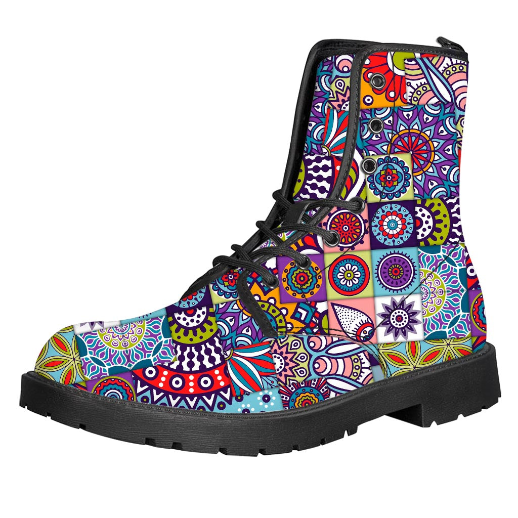 Mandala Tile Bohemian Pattern Print Leather Boots