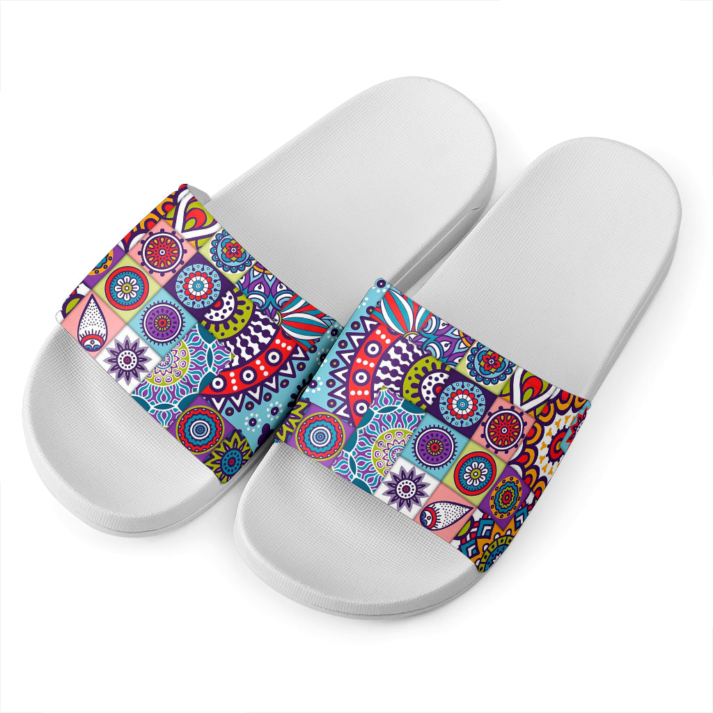 Mandala Tile Bohemian Pattern Print White Slide Sandals