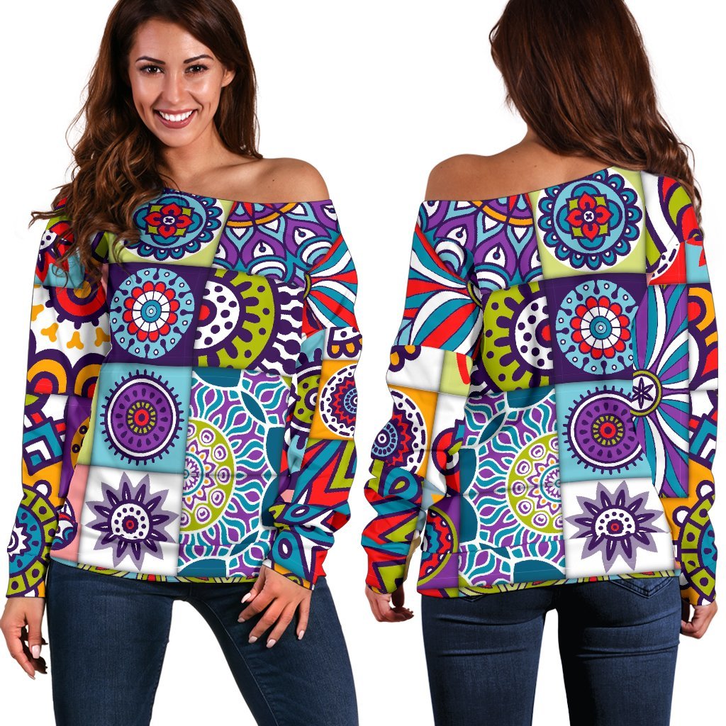 Mandala Tile Bohemian Pattern Print Women's Off-Shoulder Sweatshirt