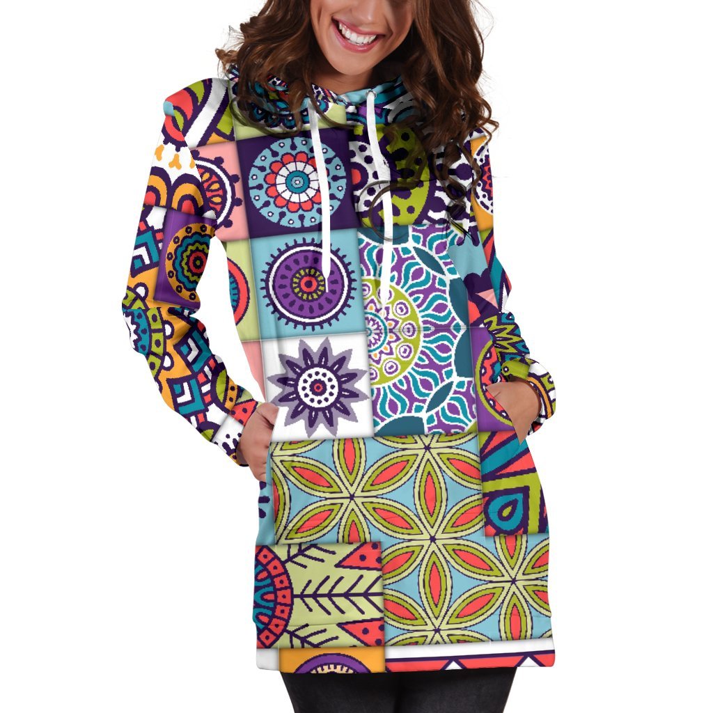 Mandala Tile Bohemian Pattern Print Women's Pullover Hoodie Dress