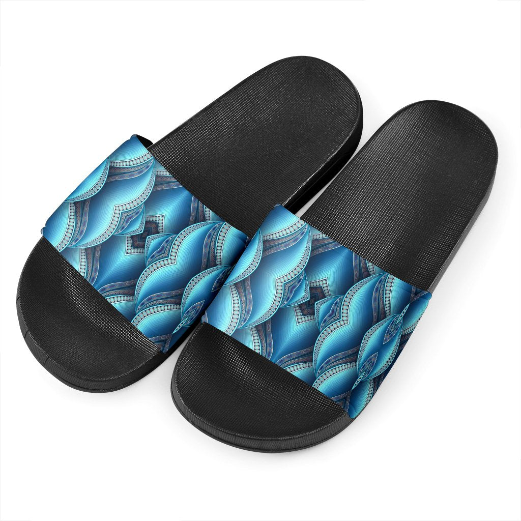 Mandala Waves Bohemian Pattern Print Black Slide Sandals