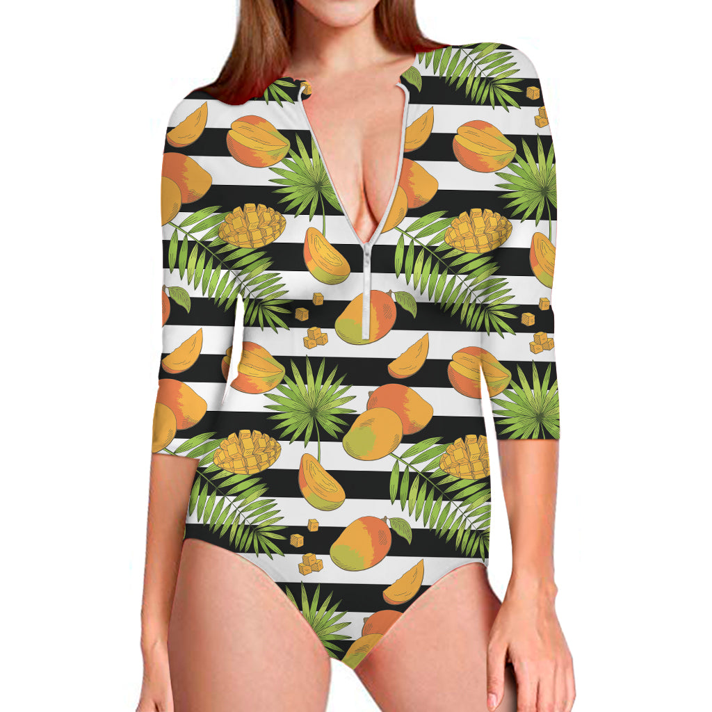 Mango Fruit Striped Pattern Print Long Sleeve One Piece Swimsuit