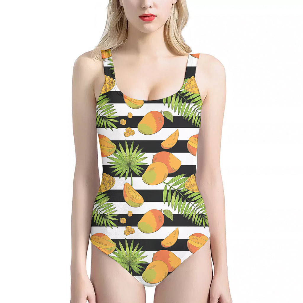 Mango Fruit Striped Pattern Print One Piece Halter Neck Swimsuit