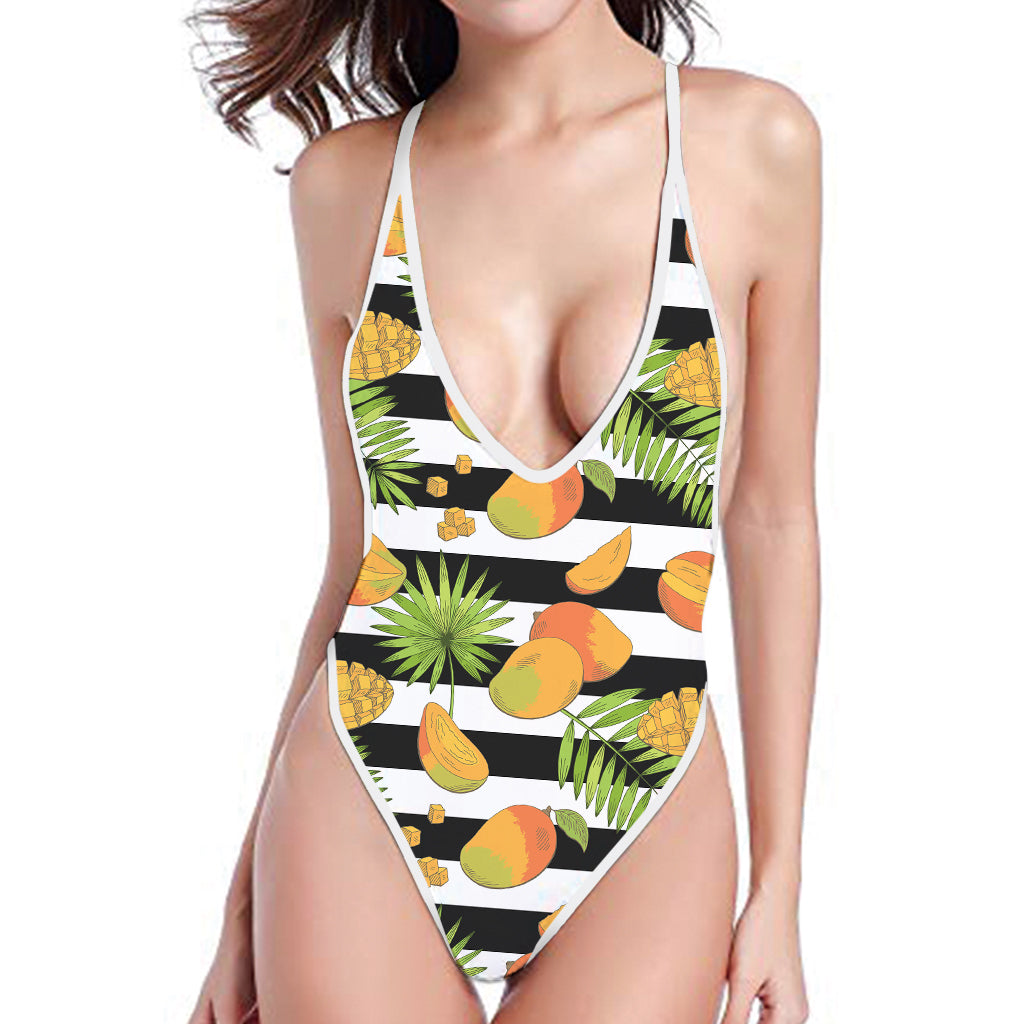 Mango Fruit Striped Pattern Print One Piece High Cut Swimsuit