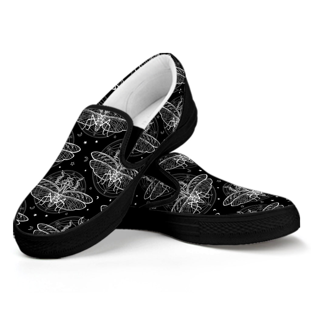 Mantis Spirit Animal Pattern Print Black Slip On Shoes