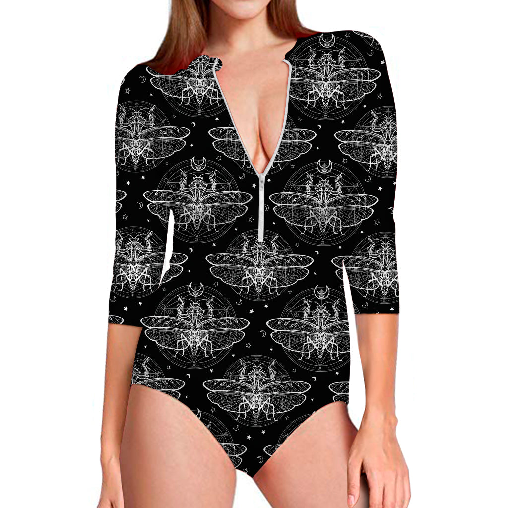 Mantis Spirit Animal Pattern Print Long Sleeve One Piece Swimsuit