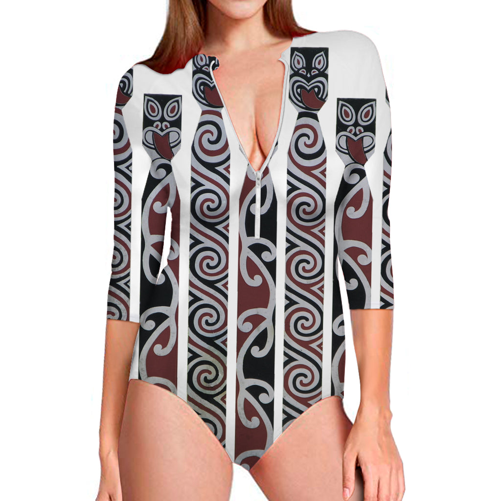 Maori Fence Print Long Sleeve One Piece Swimsuit