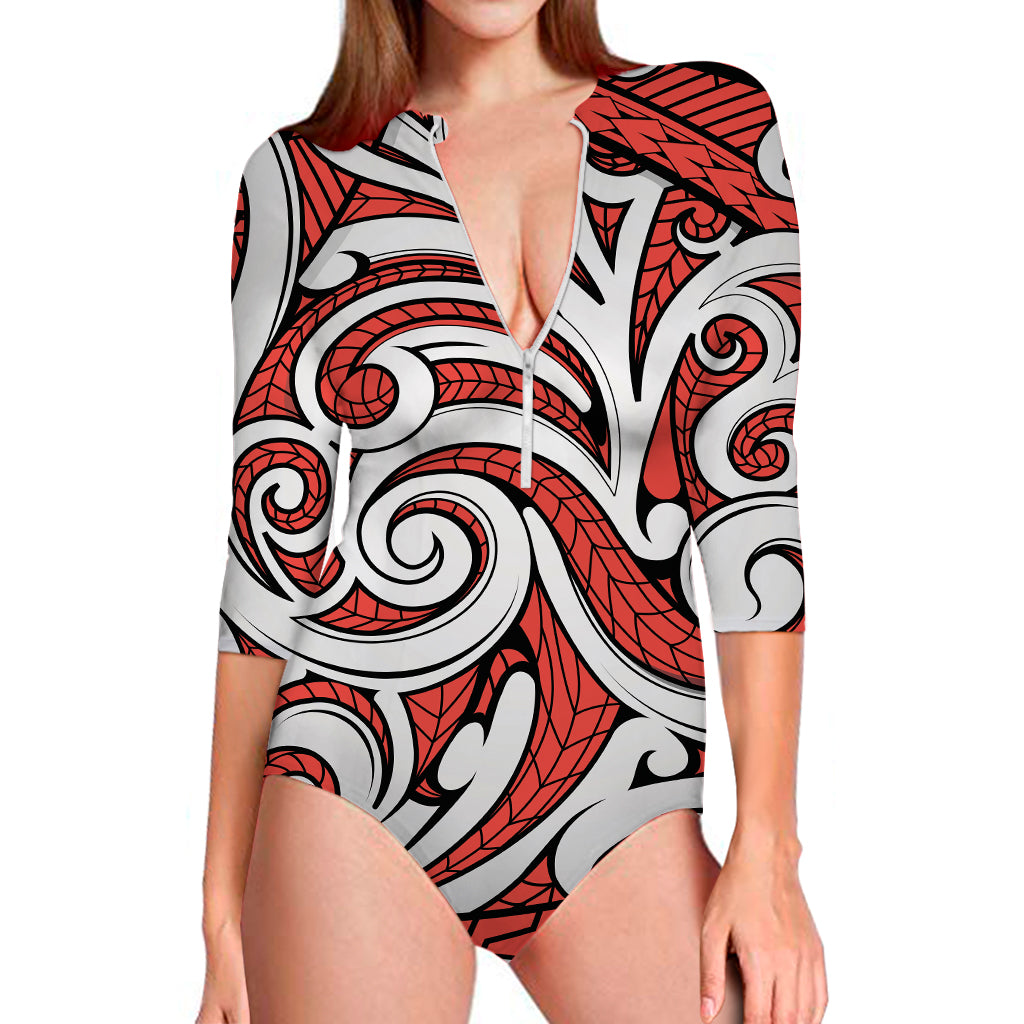 Maori Kowhaiwhai Tribal Polynesian Print Long Sleeve One Piece Swimsuit