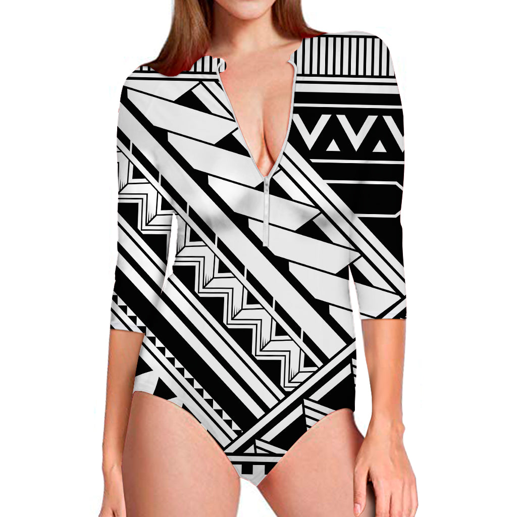 Maori Polynesian Tattoo Pattern Print Long Sleeve One Piece Swimsuit