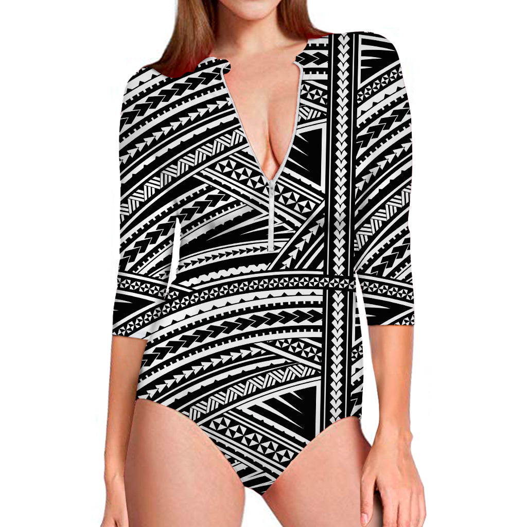 Maori Polynesian Tribal Tattoo Print Long Sleeve One Piece Swimsuit