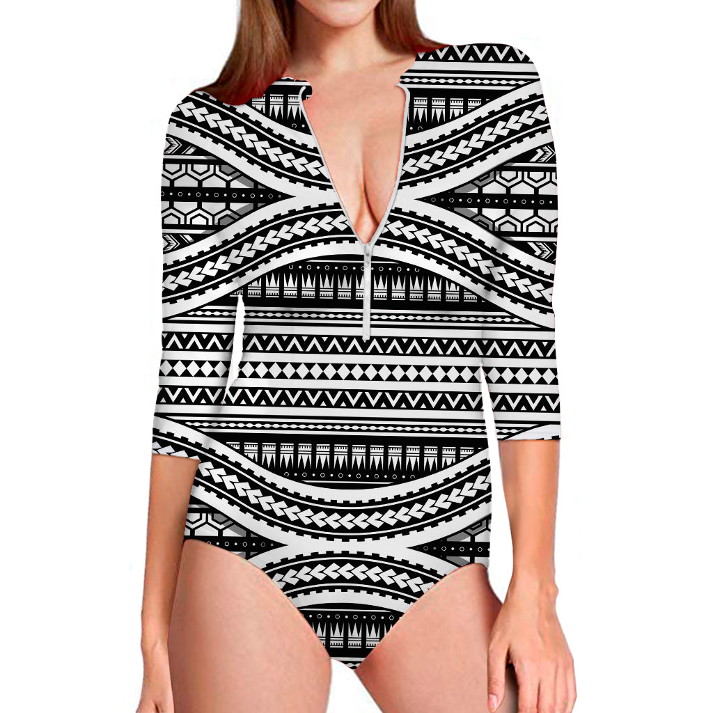 Maori Tattoo Polynesian Tribal Print Long Sleeve One Piece Swimsuit