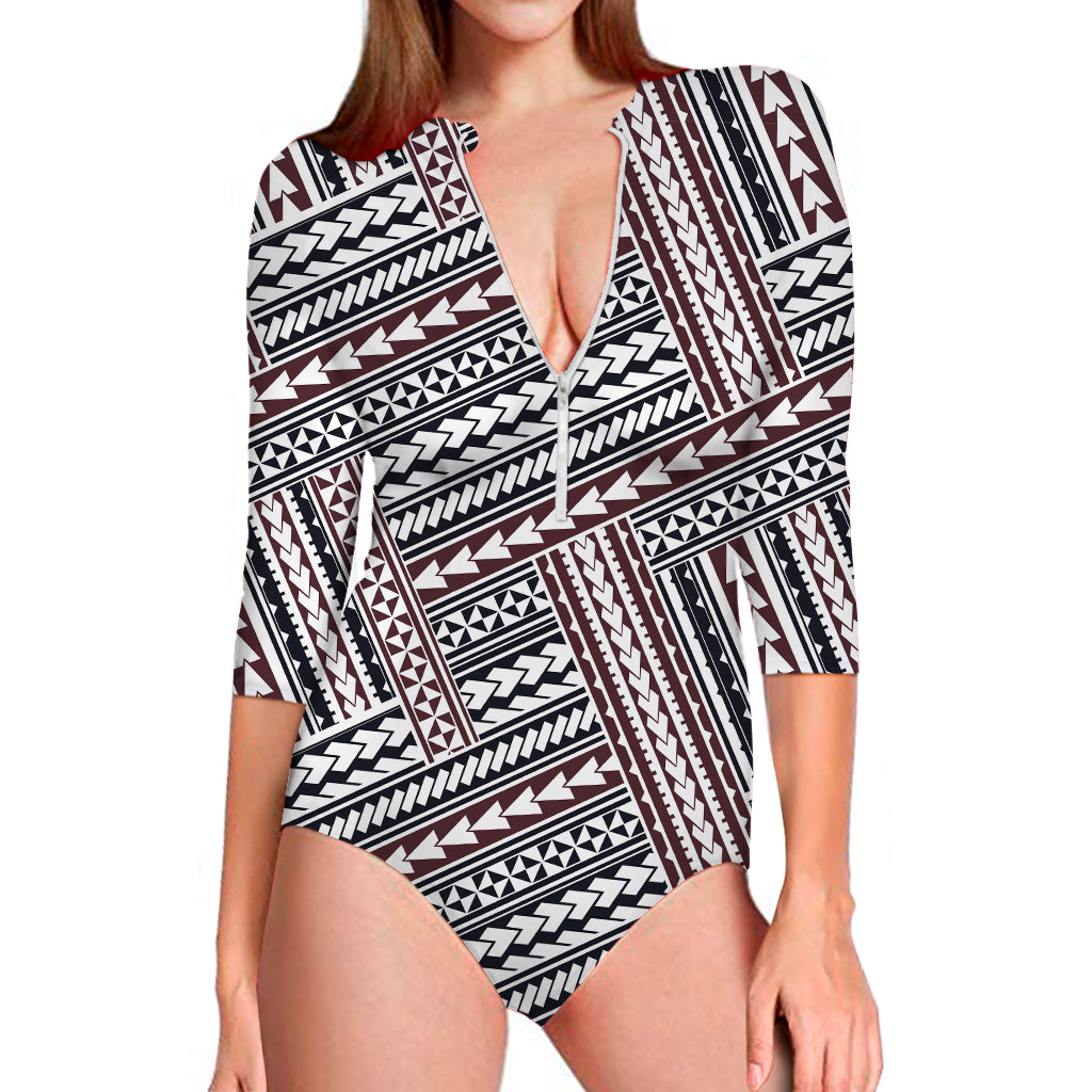 Maori Tribal Pattern Print Long Sleeve One Piece Swimsuit