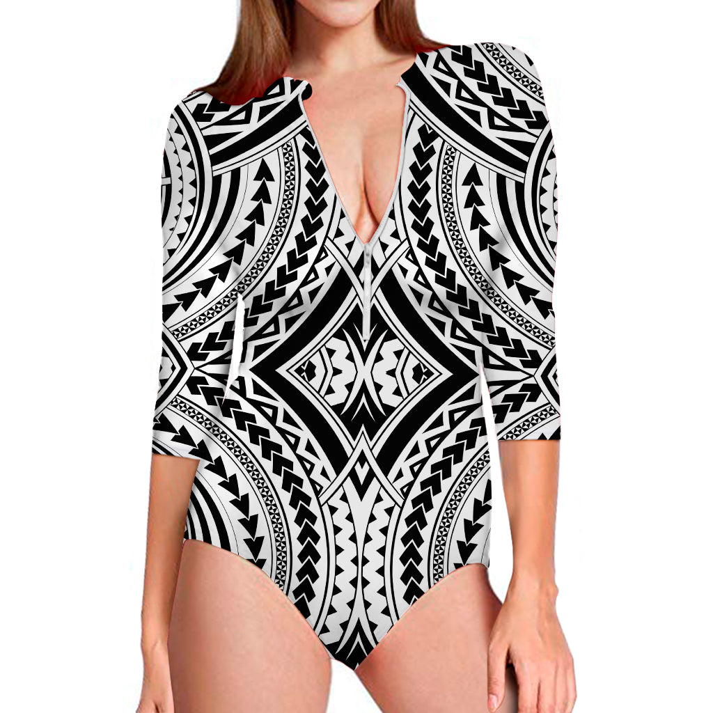 Maori Tribal Polynesian Tattoo Print Long Sleeve One Piece Swimsuit